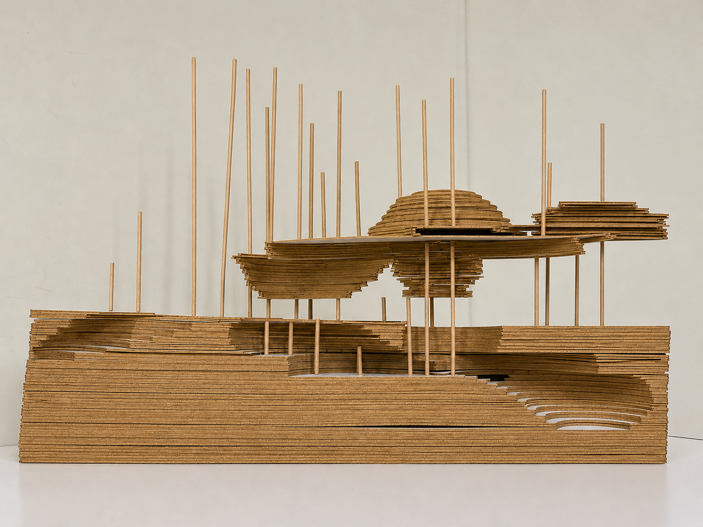 Each column rises to its own height, structure & landscape in one element. Section model, 1:150.