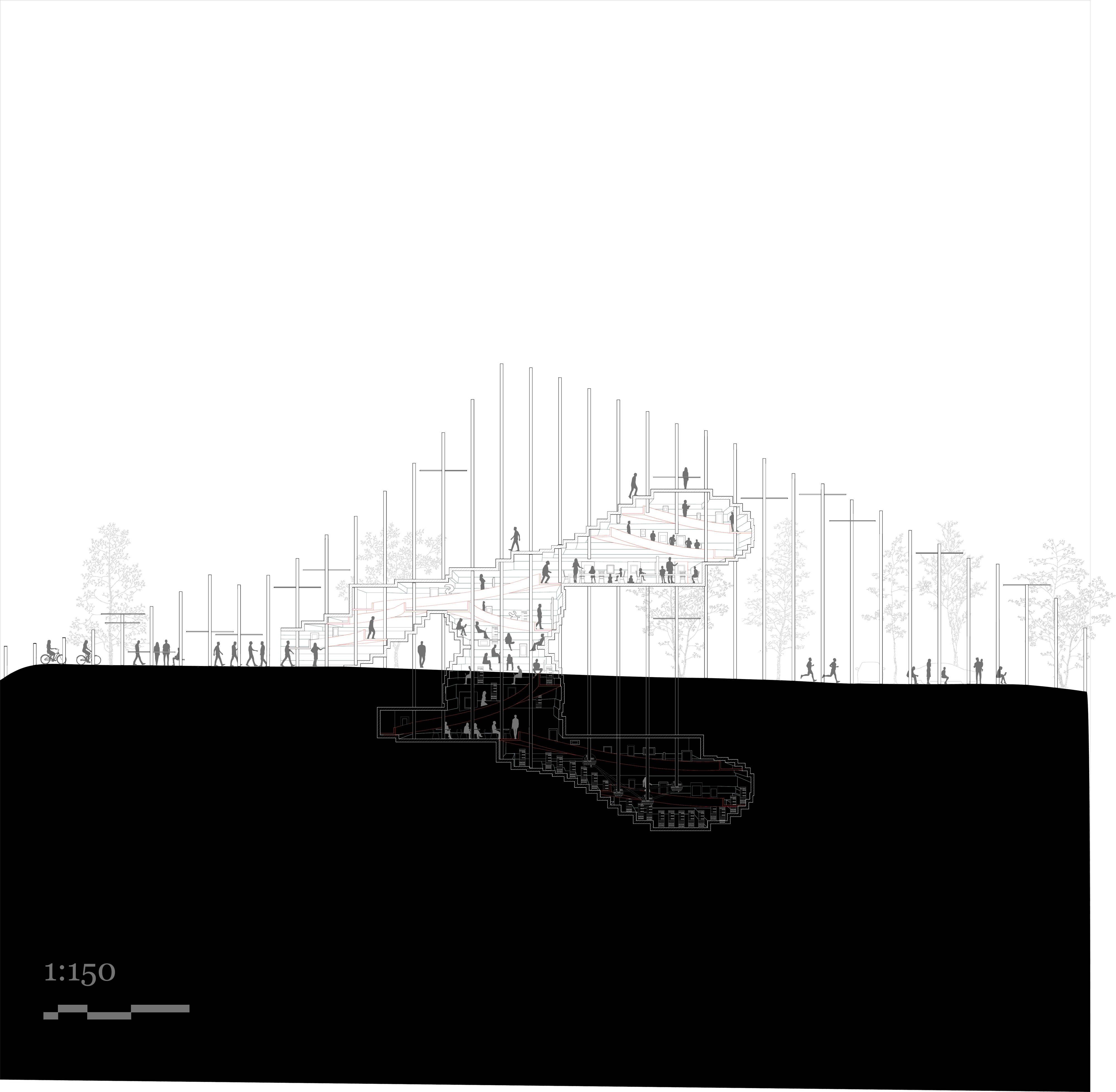 The circulation is the exhibition — a 16.8 m descent, ≈ 1,500 m².