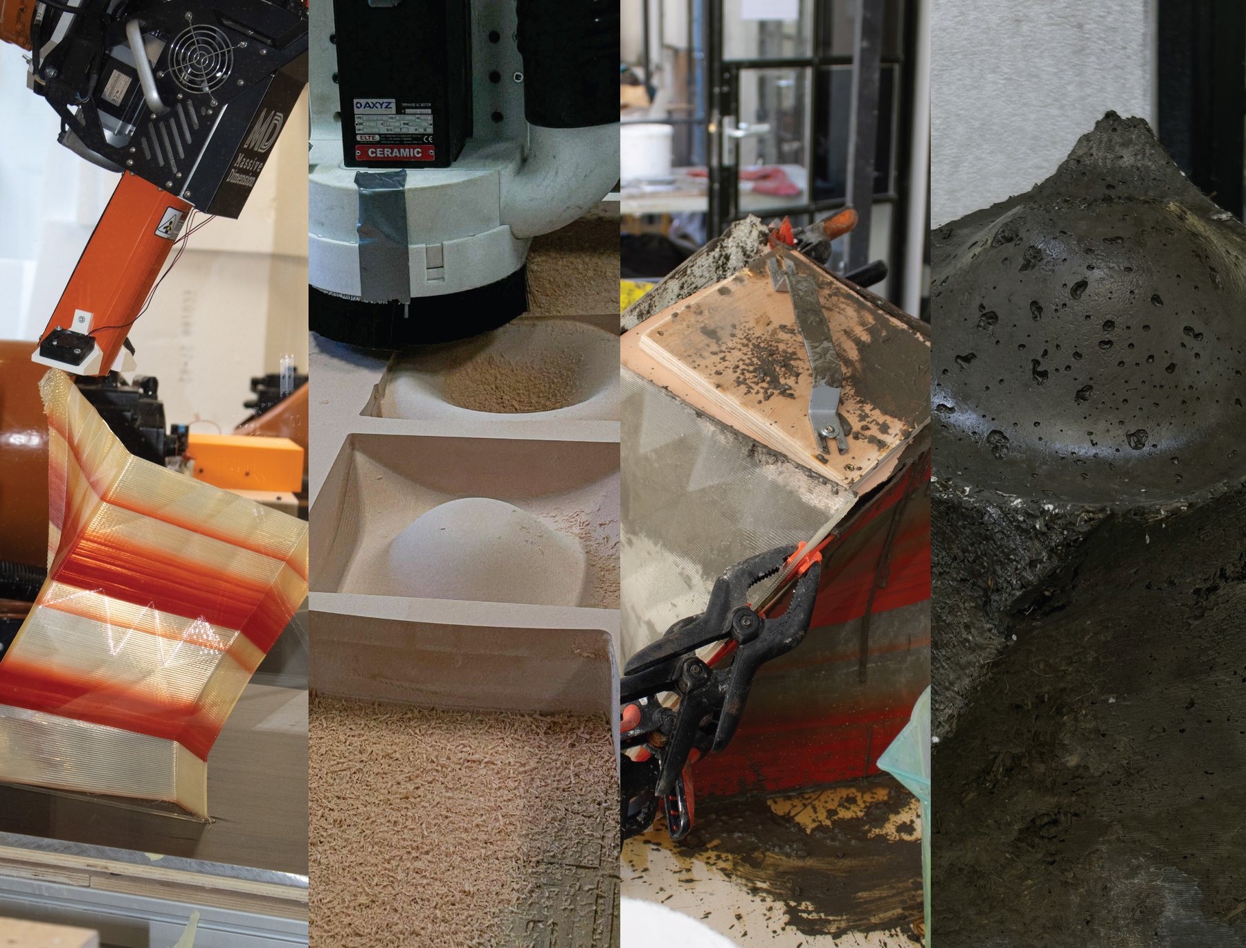Printed by robot, milled, cast in hempcrete, demoulded.
