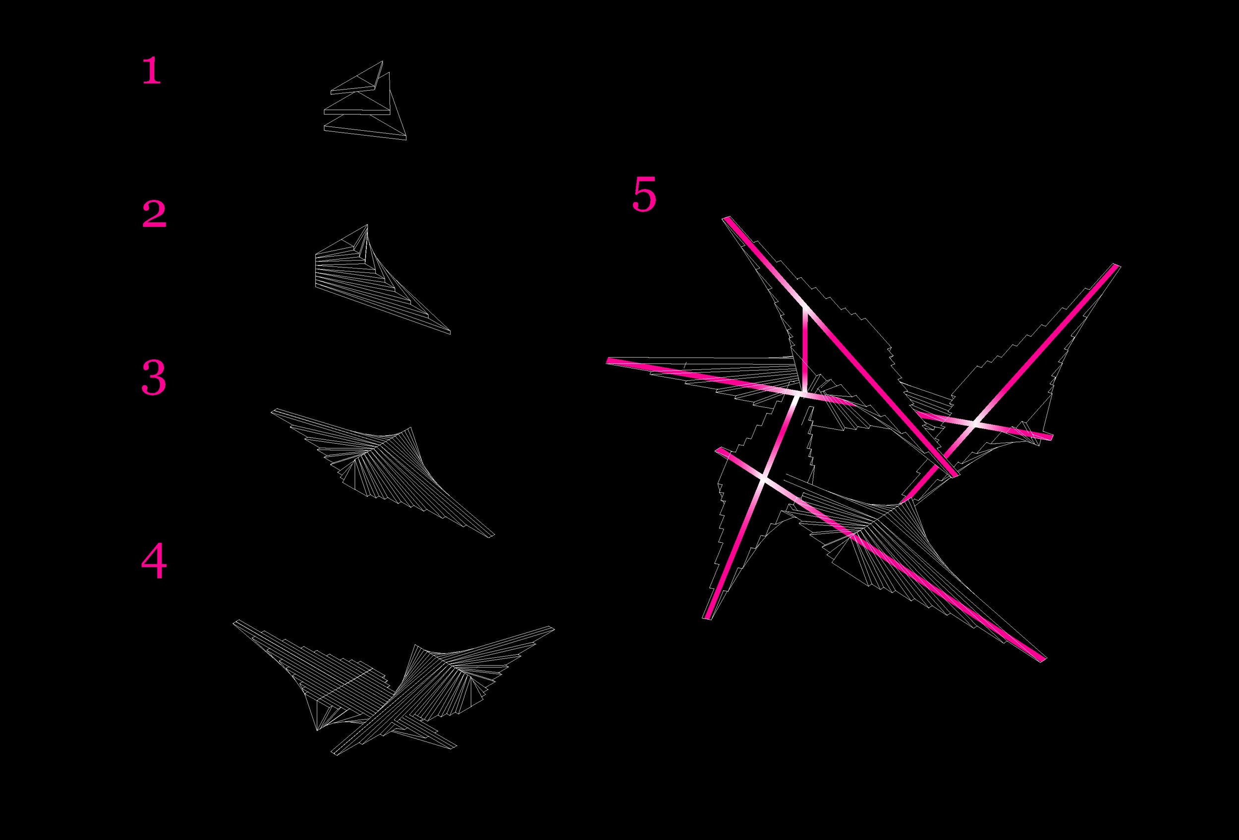 Triangles aggregate into one module. Flipped, it becomes the realm of the dead. The bright light in the pink is where the dead & the living unite.